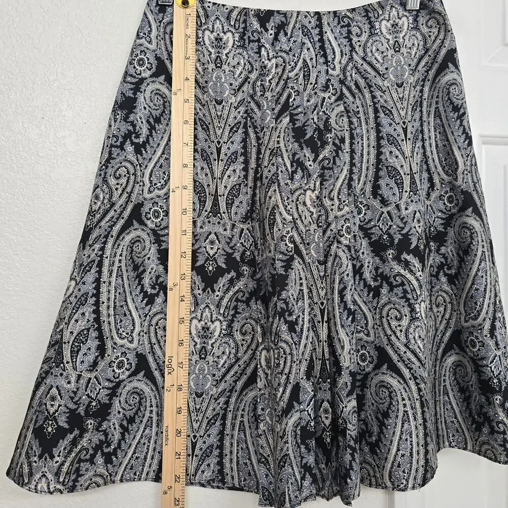 Women's 2P Silk Mini Skirt Black Paisley Print A-Line Pleated Office Waist 28